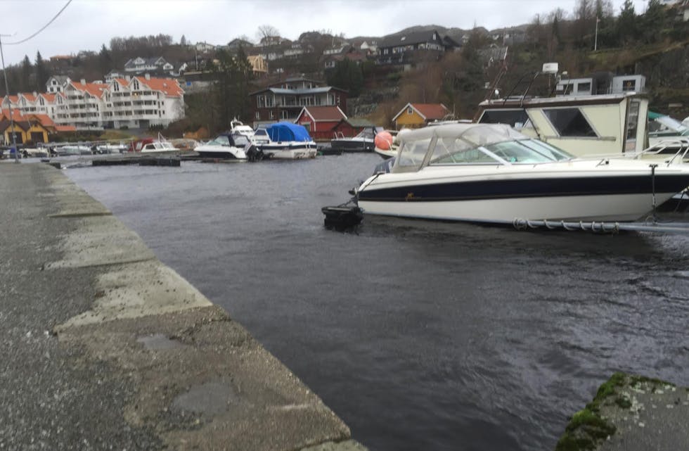 Vannstanden i Førresfjorden var høy, men båteierne hadde tatt sine forsikringer og det meste gikk svært bra. Foto: Alf-Einar Kvalavåg