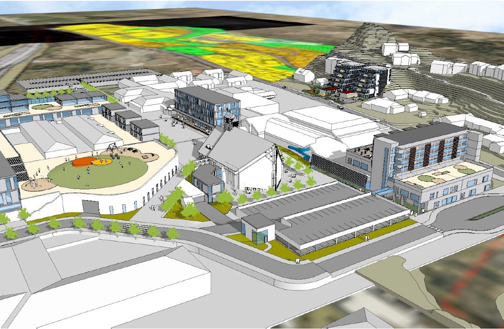 Albatrossenteret er planlagt til høgre på bilete, med parkeringsplassar i front.