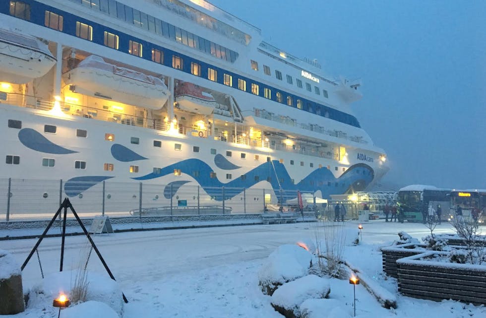AIDA Cruises startet også cruiseseongen i Haugesund i februar i fjor.Foto: visithaugesund