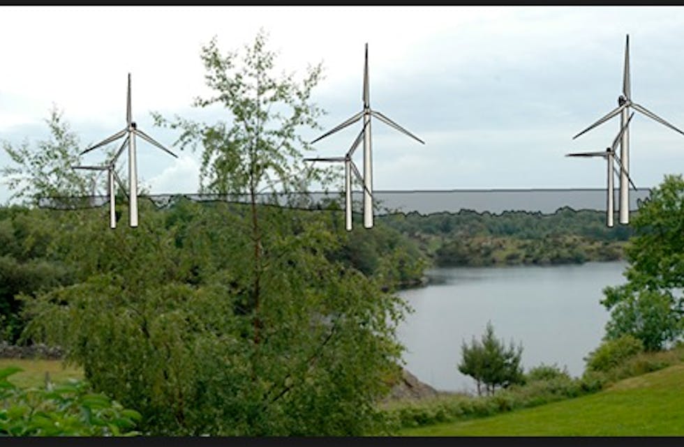 Her har en laget et bilde som viser forskjellen på de «små» og de planlagt store vindmøllene i næringsparken.