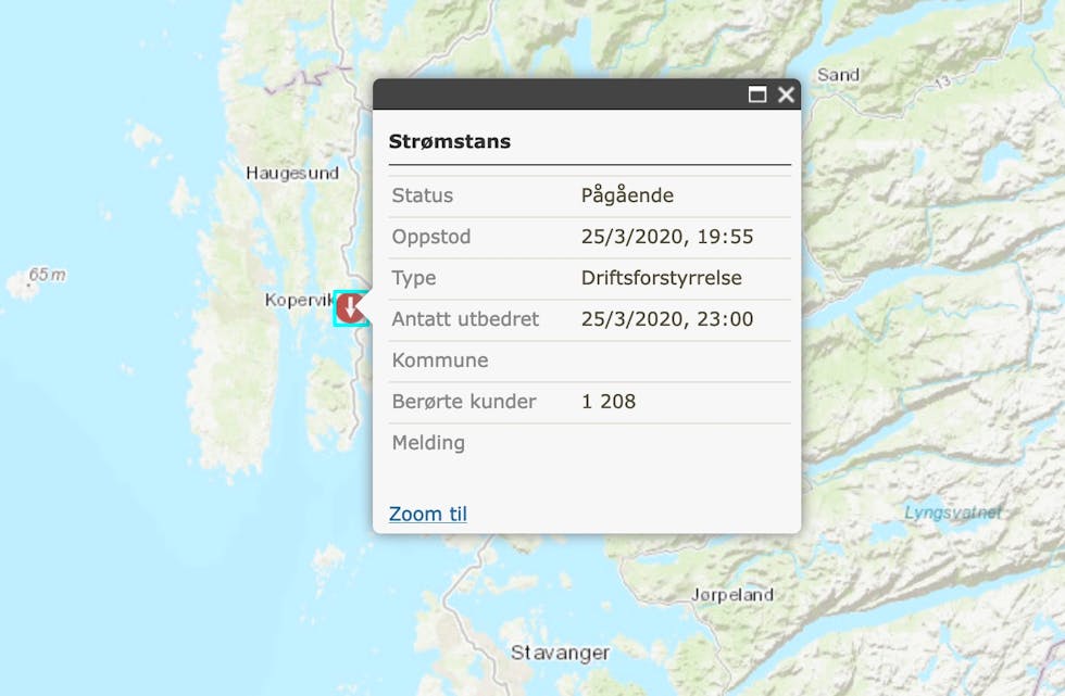 Det er for tiden strømproblemer i søre-Tysvær: Skjermdump haugaland Kraft