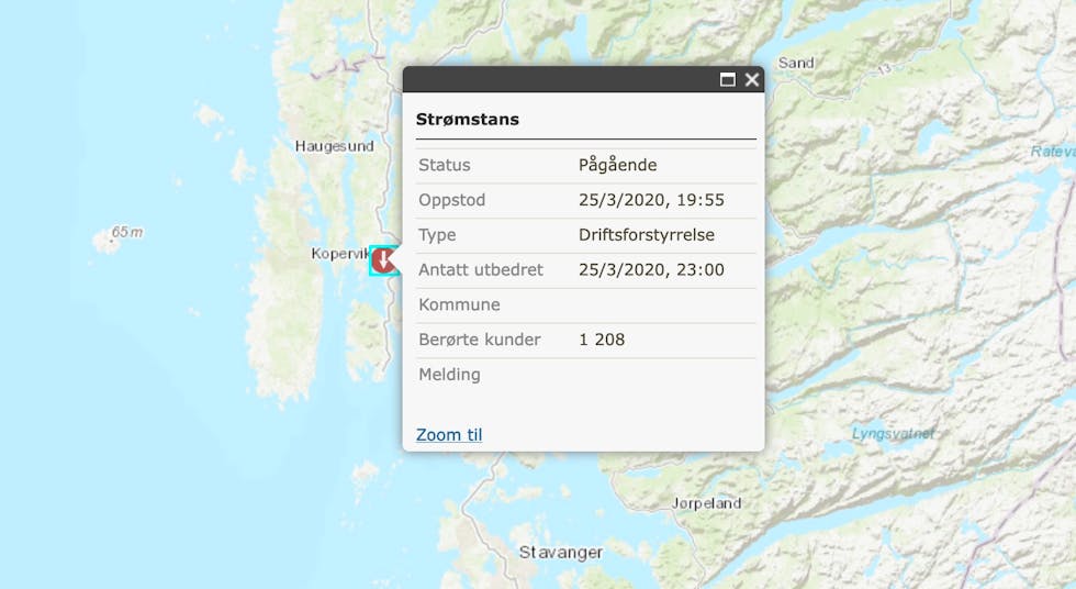 Det er for tiden strømproblemer i søre-Tysvær: Skjermdump haugaland Kraft