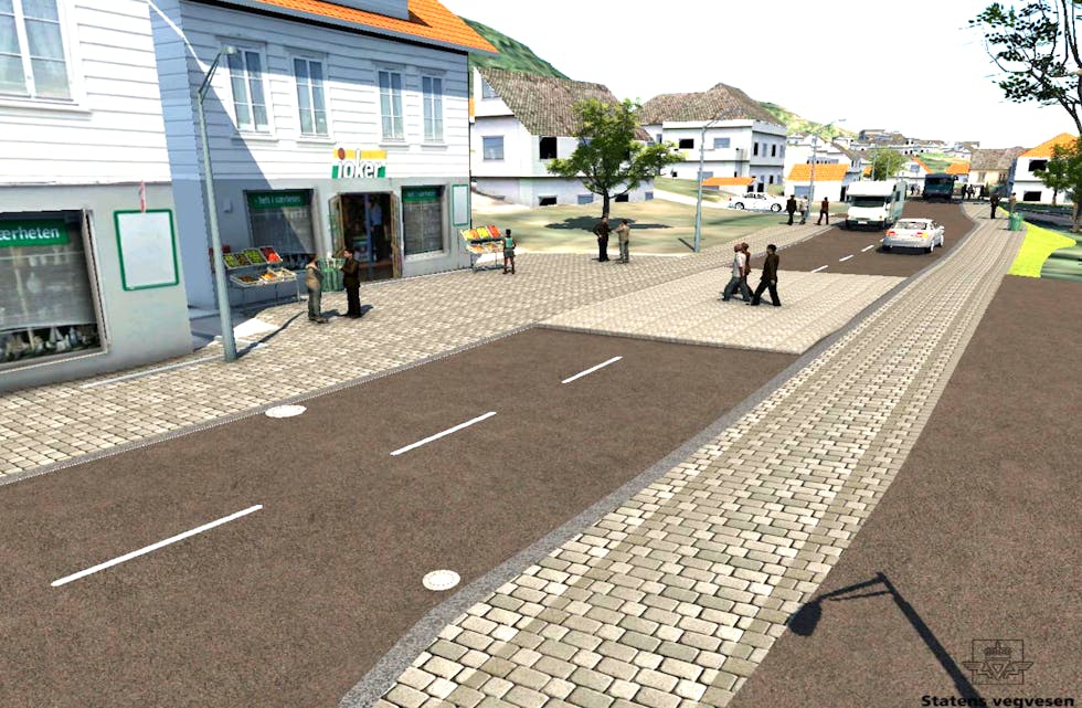 Slik ser ein av illustrasjonane av den planlagde miljøgata på Nedstrand ut.
Illustrasjon: Statens Vegvesen