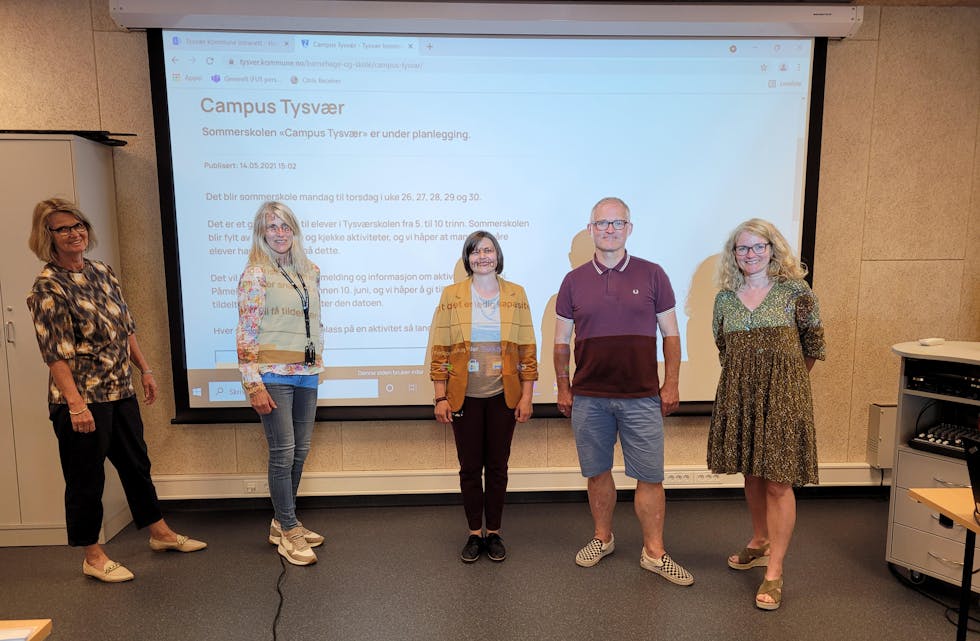 Veggen er full av planar, og det er ein topp motivert arbeidskomité som snart vil presentere Campus Tysvær. Frå venstre: Marit Lothe, Helga Haugsnes Borgen, Mari O. Nymoen, Johnny Liadal og Brit Iren Meland.
Foto: Alf-Einar Kvalavåg