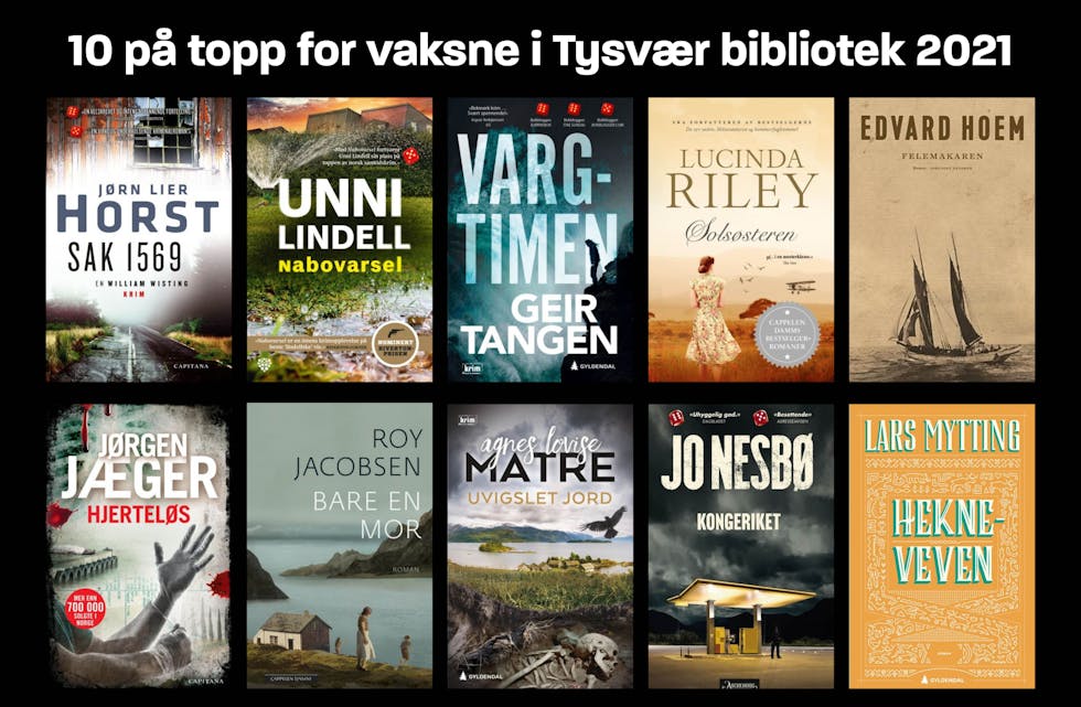 Dette er de ti mest lånte bøkene for voksne på Tysvær bibliotek i 2021. 