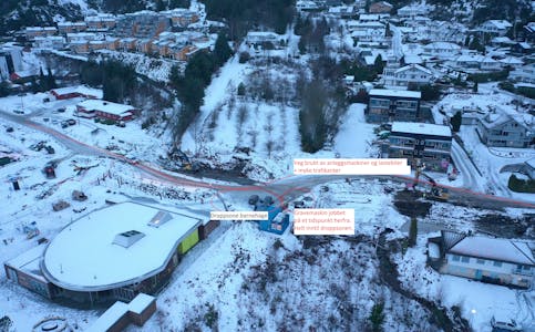 Dronebilde fra arbeidsområdet tirsdag denne uka som viser at det ikke er gangvei fra bebyggelsen øst til barnehagen (bygget med rundt tak). 