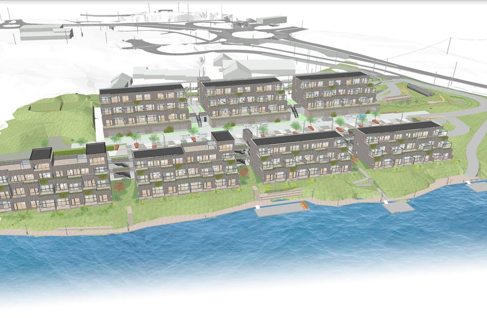 Suksessen gjer at ein rullar ut neste trinn allereie før påske. Det betyr «Vannkanten» framst og «Skogkanten» med sine tre blokker bak.
Illustrasjon: Vinkel Arkitekter