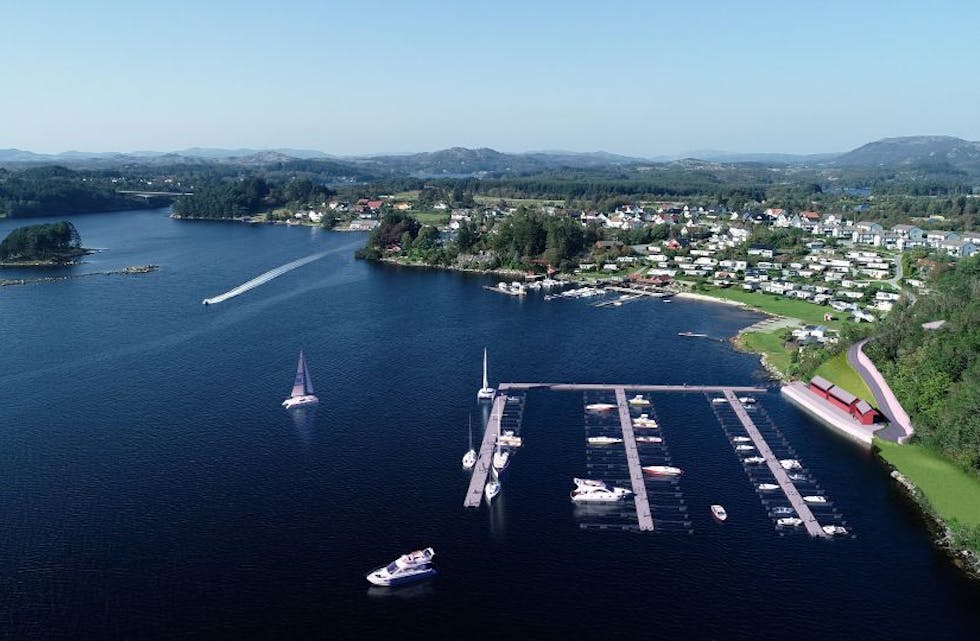 Slik skal Kvinnesland småbåthavn se ut når den er ferdig utbygget. Foreløpig er det byggetrinn 1 som ferdigstilles og er klar for salg.
