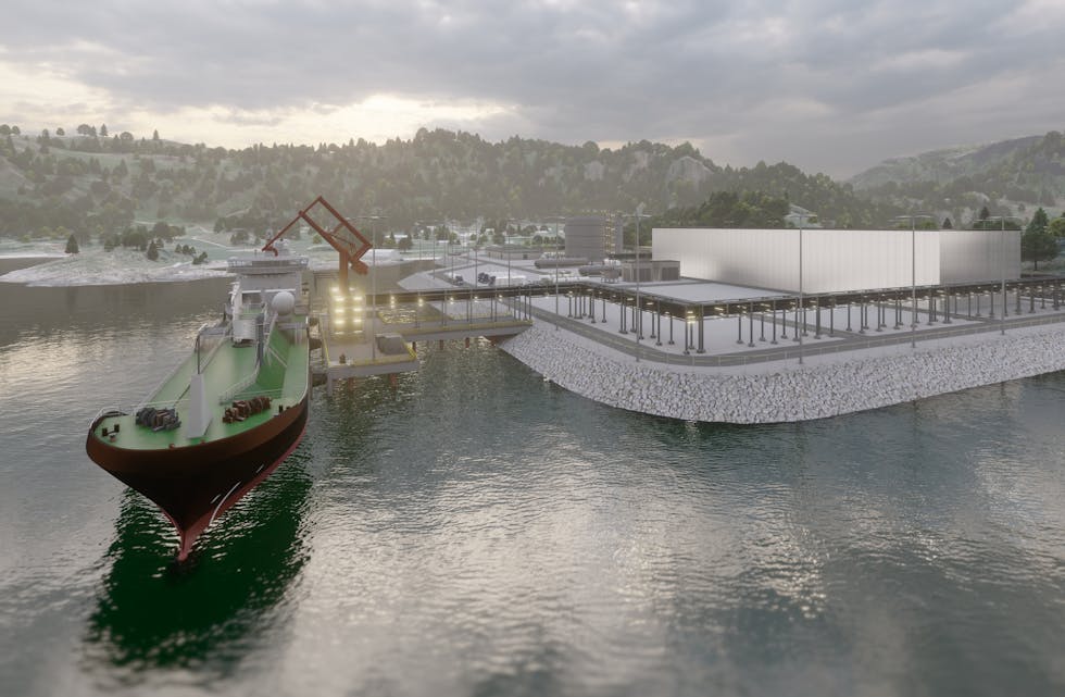 Slik vil det kunne sjå ut ved kaien i Haugaland Næringspark når anlegget står ferdig. Foto: Horisont Energi.