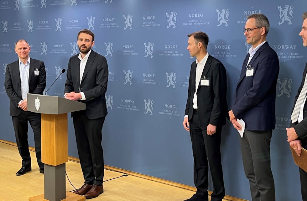 Næringsminister Jan Christian Vestre sammen med representanter fra de norske selskapene som har søkt om å delta. Foto: NFD