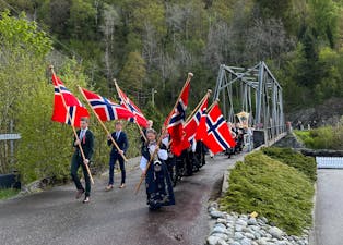 Klassisk bilde fra Skjoldastraumen på 17. mai. Toget passerer broen i sentrum. Foto: Rune Baustad