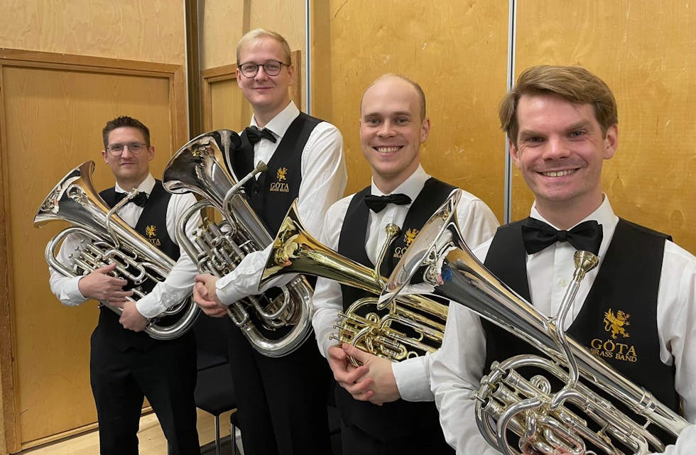 Kjetil Djønne (nr. 2 fra høyre) er blitt svensk mester i brass sammen med korpset Göta. Foto: Privat