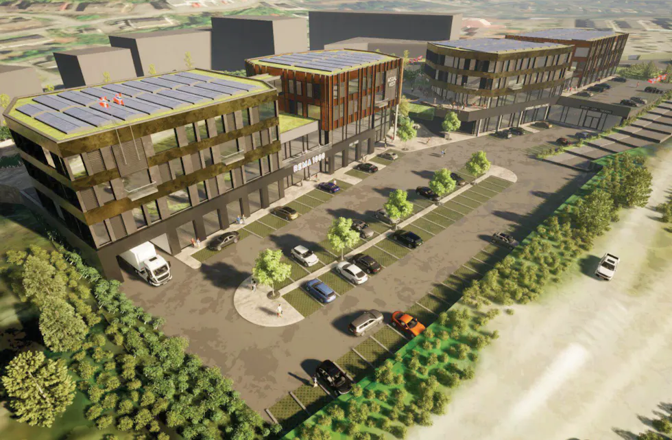 Slik ser utbygger for seg senteret i trekanttomta i Aksdal. Rema 100 blir en av de store leietakerne.