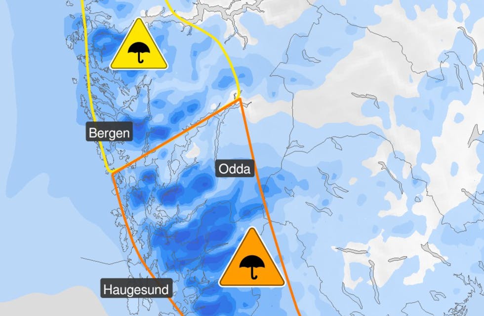 Meterologene spår en våt start på uken også i Tysvær. Ill: Meterologisk institut