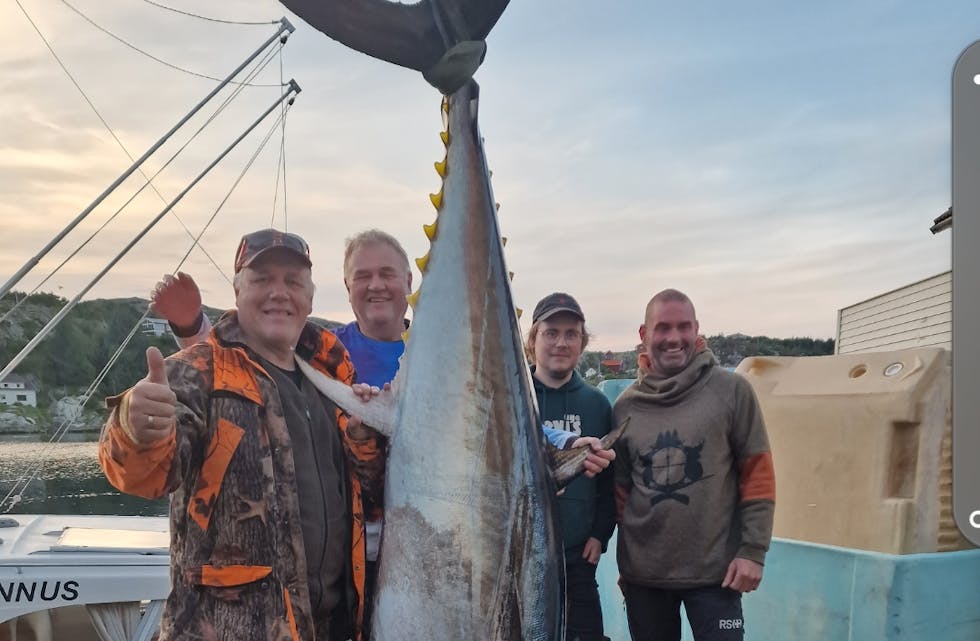 Fisken på bilde vart teken i fjor i lag med folk frå Team Big Blue der Bjørn Furre var lagleiar. Denne fisken var 230 kilo. Heilt til venstre Jarle Erdalsdal.