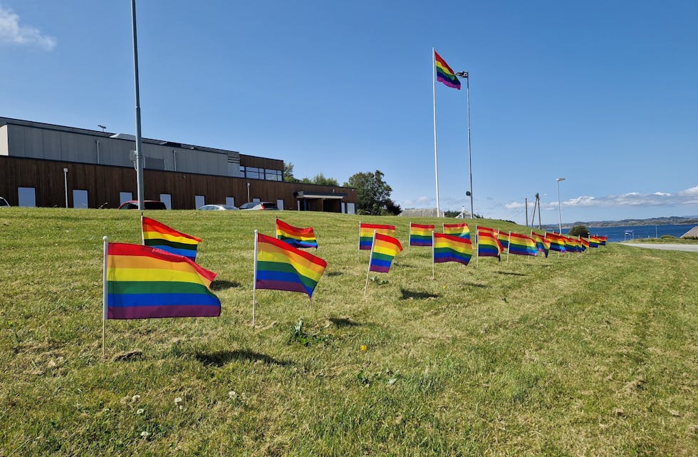 – Når noen valgte å fjerne Bokn kommune sitt Prideflagg natt til lørdag, så valgte vi i HEF, Human Etisk Forbund på Haugalandet, å svare med å pynte med 30 nye flagg. Foto: HEF