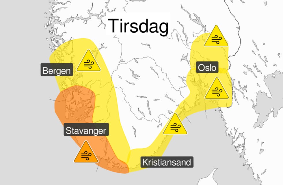 Metrologene har sendt ut varsel om vind på Oransje nivå for tirsdag