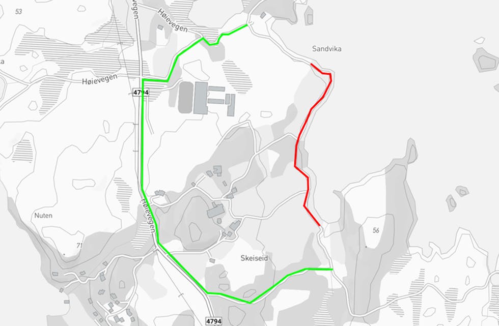 Den alternative traséen rundt Aksdalsvannet er markert med grønt. Illustrasjon: Tysvær kommune