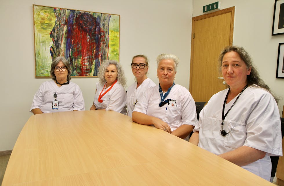 – Vi har protestert på avtalen siden vi ble informert om den, forteller sykepleier Anne-Lise Thorstensen Nes om samarbeidsavtalen de ble presentert i mai. F.v: Mary Janne Rojas, Gitana Fresdorfiene, Hunoreta Pakalniene, Anne-Lise Thorstensen Nes og Sylvia Charlotte Helvik.