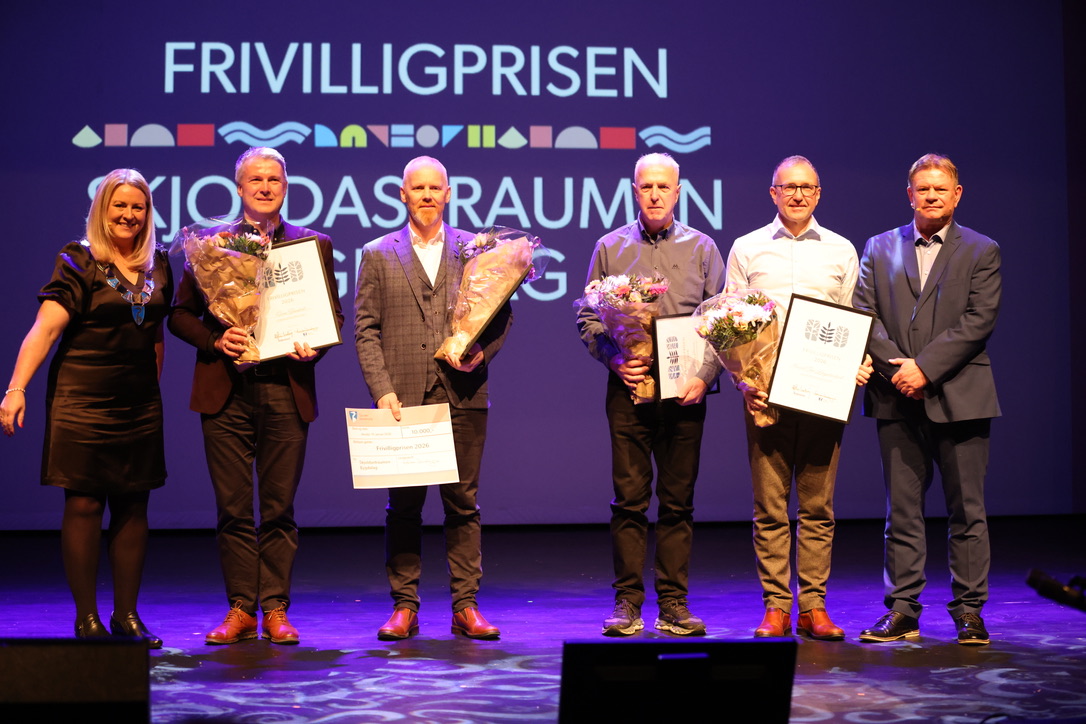 Rune Baustad, Svein Dalva, Olav Straum  og Eivind Tore Langelandsvik mottok Tysvær kommune og Tysvær Bygdeblad sin frivilligpris. Foto: Alf-Brit Iren Meland