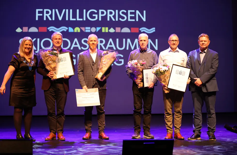 Rune Baustad, Svein Dalva, Olav Straum og Eivind Tore Langelandsvik mottok Tysvær kommune og Tysvær Bygdeblad sin frivilligpris. Foto: Alf-Brit Iren Meland