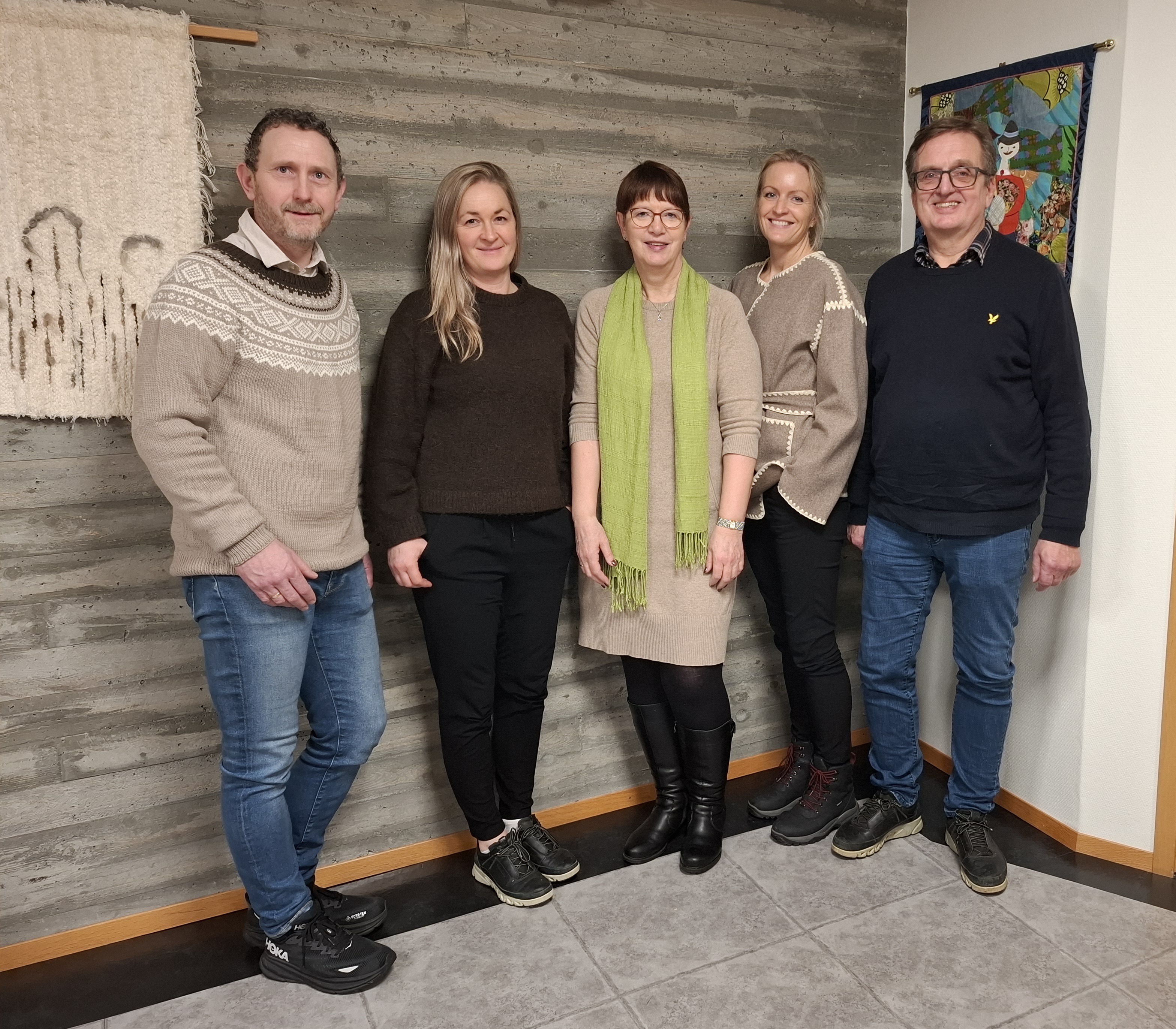 Styret etter årsmøtet.
Fra venstre: Bjarne Vierdal, Hilde K Håland, Åse-Berit A Rolland Birgith B Lilleskog og Erlend Dale.