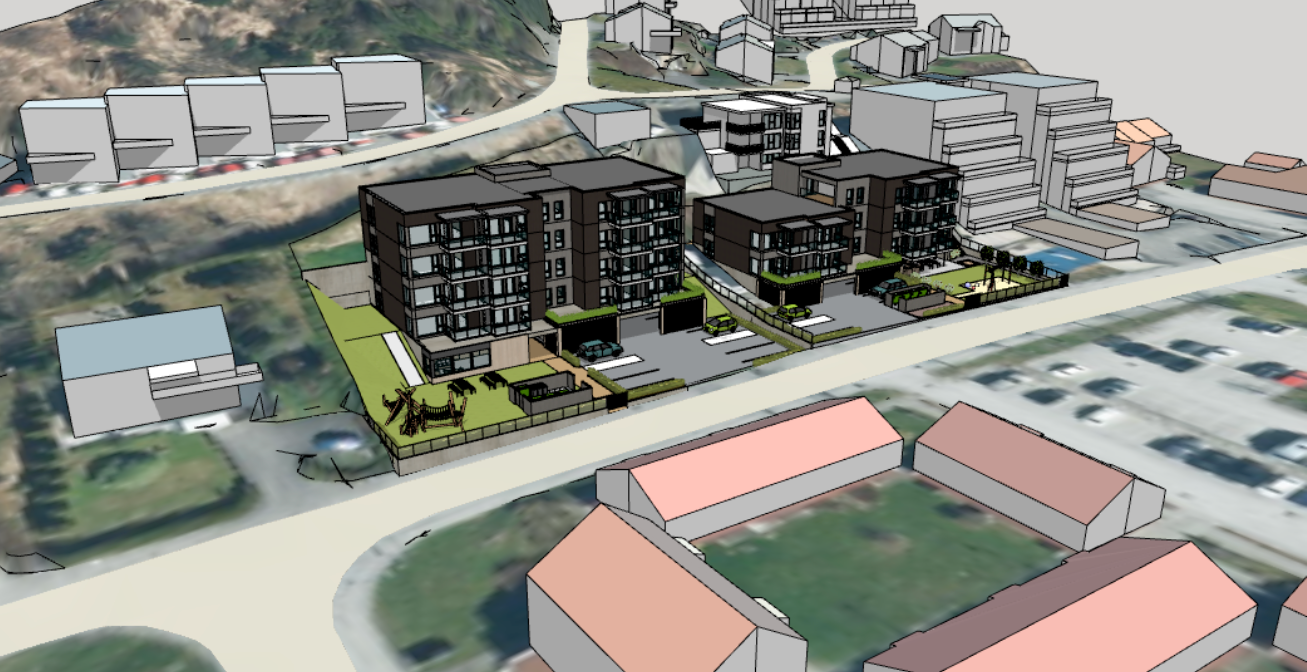 I løpet av de kommende årene vil Askeland Eiendomsutvikling bygge 26 nye leiligheter på disse to tomtene i Aksdalsvegen like bak Tysværtunet. Illustrasjon: Arkipelet