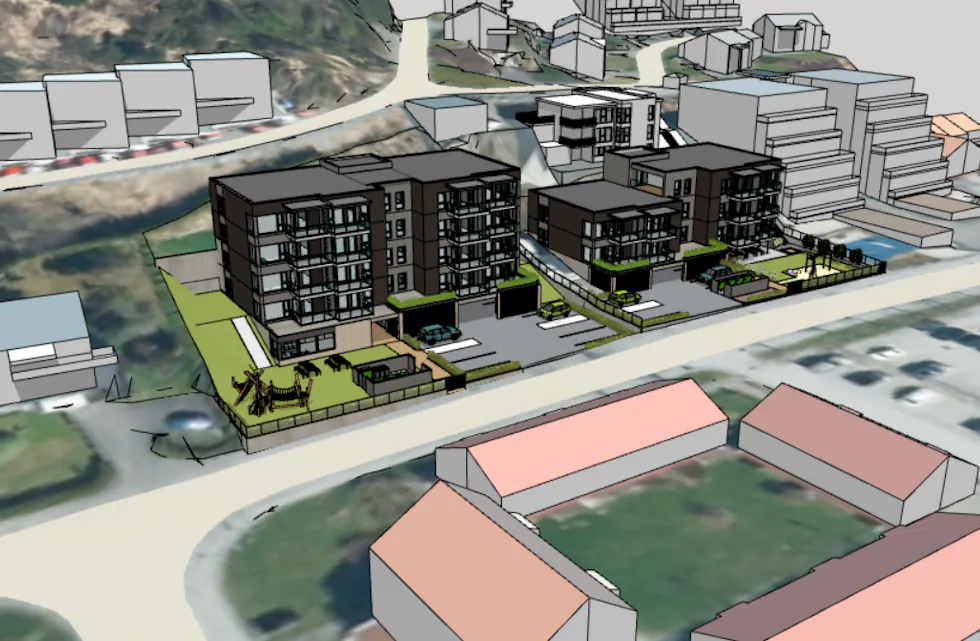 I løpet av de kommende årene vil Askeland Eiendomsutvikling bygge 26 nye leiligheter på disse to tomtene i Aksdalsvegen like bak Tysværtunet. Illustrasjon: Arkipelet