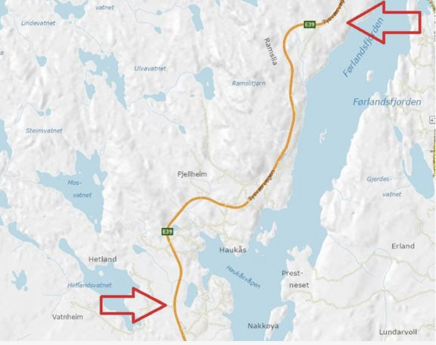Med gang- og sykkelveg fra Hetland i sør til Apeland i nord, blir det eit samanhengande tilbod for mjuke trafikantar frå Gismarvik i sør til kommunesenteret Aksdal i nord. Kart: Statens vegvesen