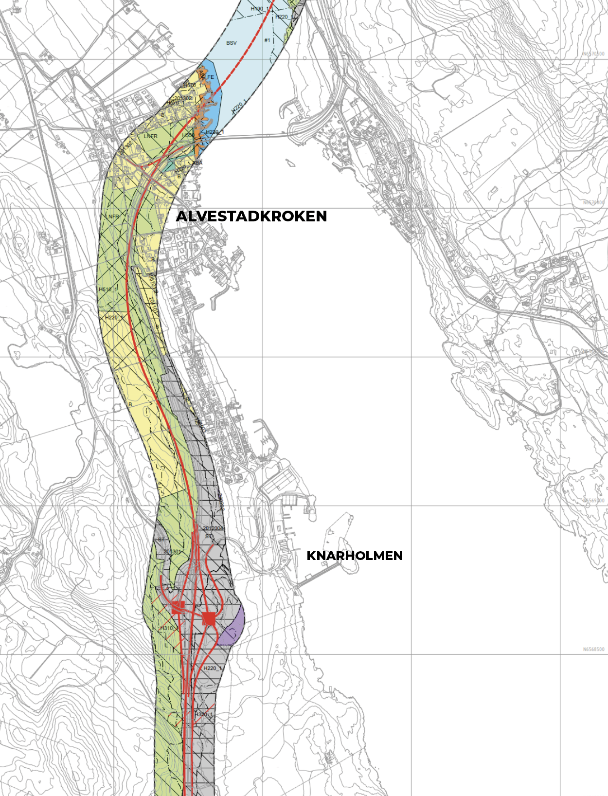 Kartutsnitt frå Bokn, inntegnet nye E39, alt. 1.
