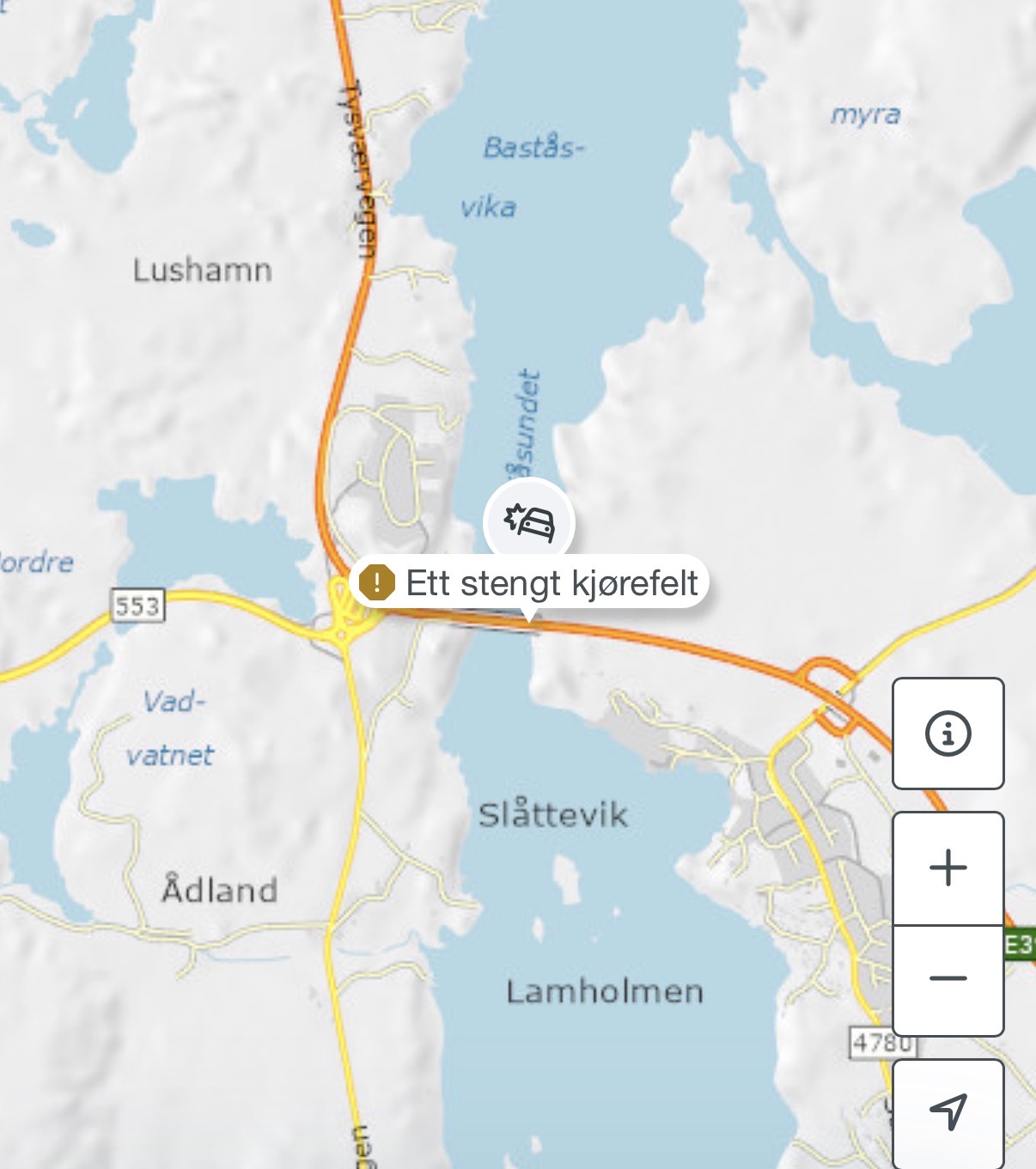 Vegvesenet melder om et stengt kjørefelt på sin nettside i forbindelse med trafikkulykken. Screenshot/Vegvesenet. 
