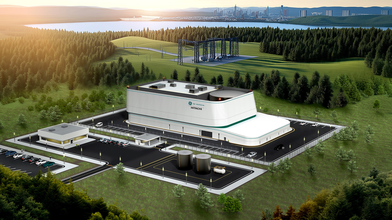 Dette er slik SMR – små modulære reaktorar – kan sjå ut.  Illustrasjonen viser lettvannsreaktorar som Norsk Kjernekraft planlegg å bygge ut først. 
Illustrasjon:  GE Vernova
