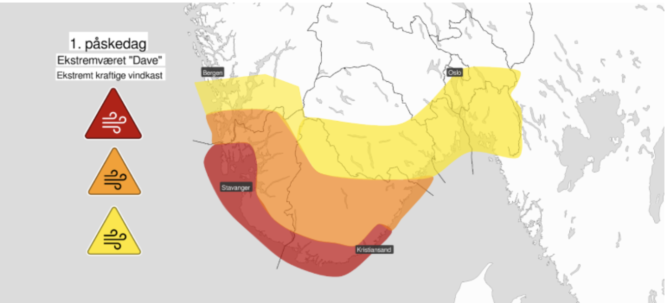 Det er sjeldent med så kraftig vindvarsel som rødt, men søndag kan det bli voldsomt i kastene. ILL. Meterologisk Institut