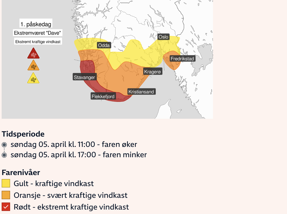 Her er oppdatert kart med klokkeslett fra Meterologisk institutt.