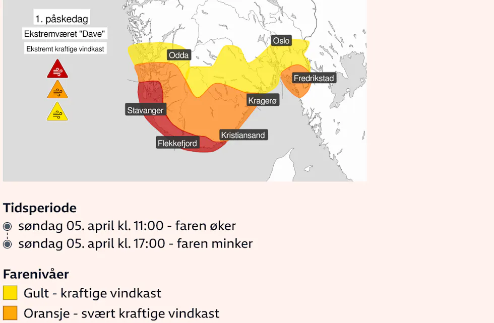 Her er oppdatert kart med klokkeslett fra Meterologisk institutt.