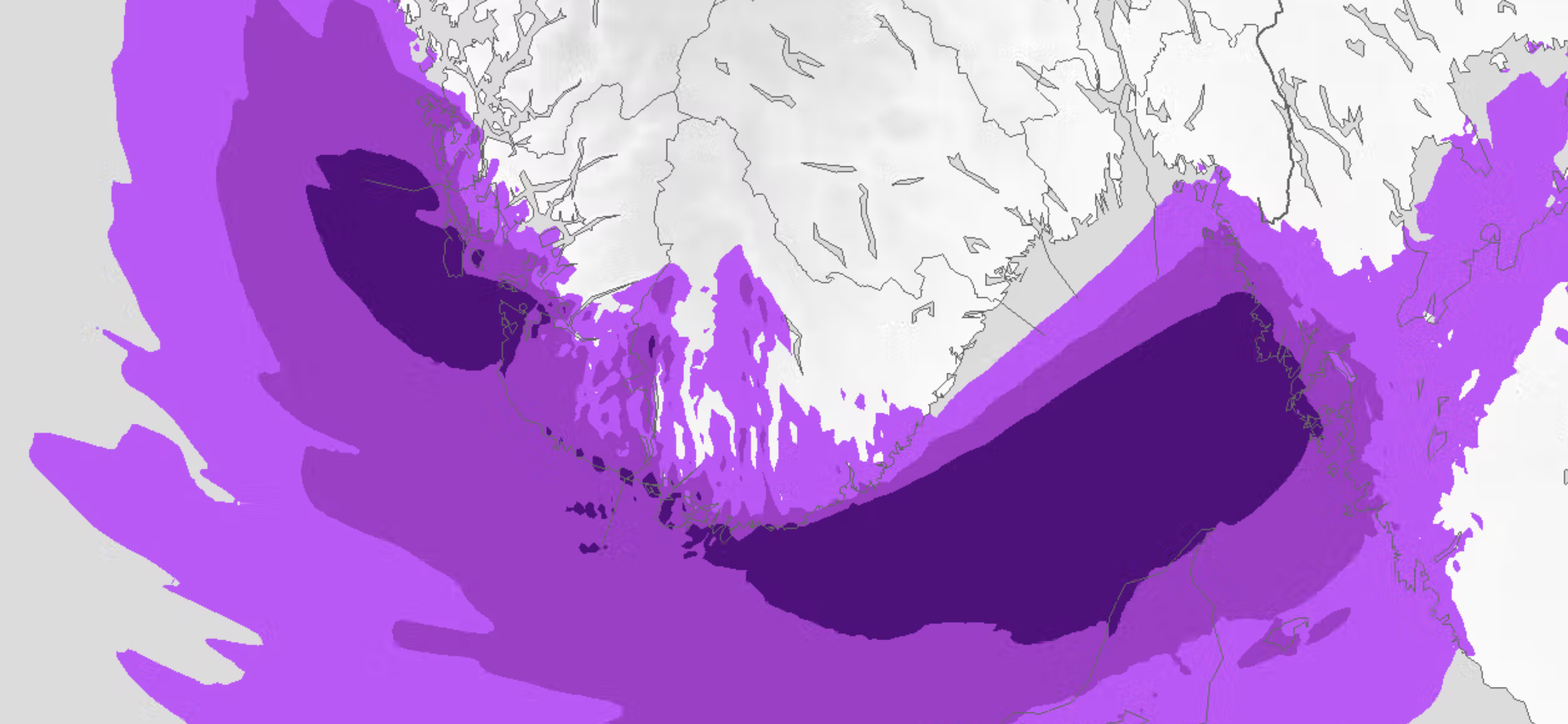 Slik ser prognosen ut for Dave cirka klokken 16.00. Det blir kanskje litt mindre vind enn fryktet. ill: Yr.no