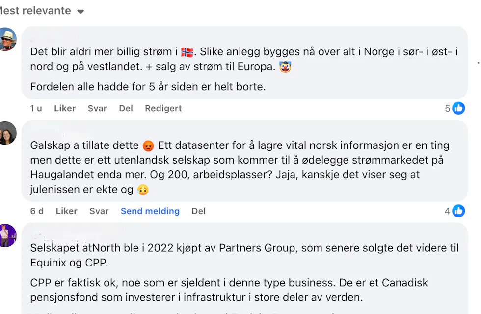 Det tok ikkje lang tid før kommentarar om datasenteret dukket opp på Facebook-sida vår...