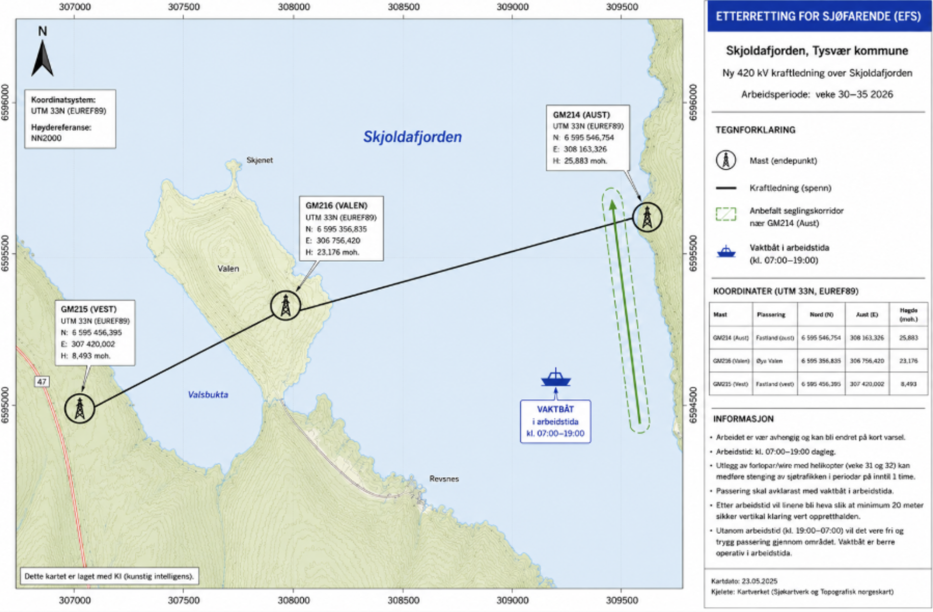 I veke 31-32 vil det bli gjennomført utdrag av forløpar/wire med helikopter. Under denne operasjonen kan sjøtrafikken bli stengd i periodar på inntil 1 time om gongen. 