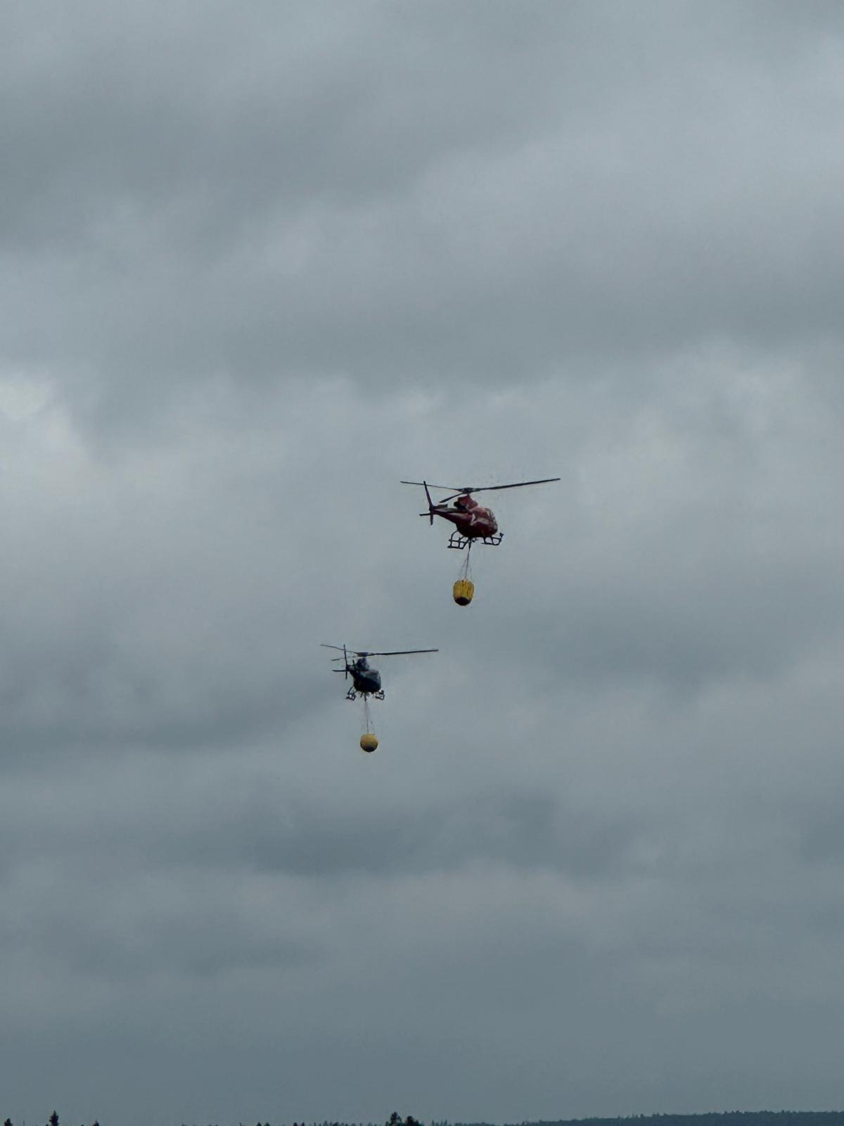 Helikoptera hentar vatn og slepp det over skogbrannen. 